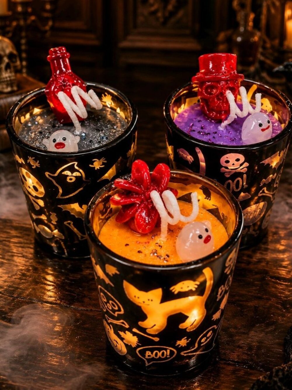 Artisan One Moon Flame Ghouls Night Out Halloween Pumpkin Shot Glass Candle Set